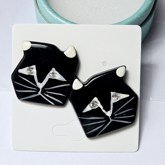 Black Cat Earrings With Rhinestone Cat Eyes Stud Earrings - Picture 3 of 17